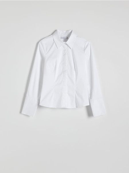 Koszula z bawełną - biały. Białe koszule damskie Reserved, l, bez wzorów, z bawełny, bez kołnierzyka, bez ramiączek. W wyprzedaży za 49.99 zł.