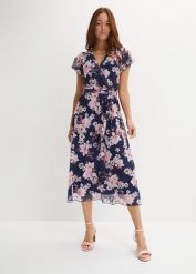 Sukienka midi z siatkowego materiału z nadrukiem. Fioletowe sukienki damskie bonprix, bez wzorów, bez kołnierzyka, bez ramiączek, midi. Za 159.99 zł.