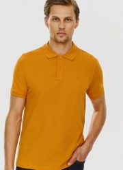 PAKO LORENTE – Gładki t-shirt polo w pomarańczowym kolorze. Brązowe koszulki polo męskie Pako Lorente, m, bez wzorów, z bawełny, bez ramiączek. Za 69.99 zł.