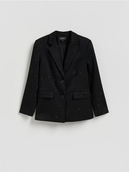 Marynarka ze strasem - czarny. Czarne marynarki i żakiety damskie Reserved, l, bez wzorów, z tkaniny. W wyprzedaży za 189.99 zł.