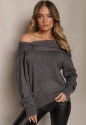 Szary Sweter Off Shoulder z Wiskozą z Ozdobnym Marszczeniem przy Dekolcie Nelilda. Szare swetry klasyczne damskie Renee, z jeansu, bez kołnierzyka. Za 119.99 zł.