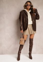 Beżowa Mini Spódnica z Ekoskóry o Rozkloszowanym Fasonie z Plisami Janeve. Brązowe spódniczki damskie Renee, l, bez wzorów, mini, rozkloszowane. Za 44.99 zł.