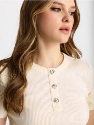 Bawełniana koszulka z ozdobnymi guzikami - żółty. Żółte t-shirty damskie Sinsay, l, bez wzorów, z bawełny, bez kołnierzyka. Za 29.99 zł.