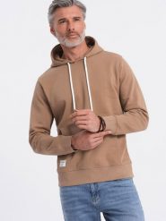 Męska bluza dresowa kangurka z kapturem - brązowa V2 OM-SSBN-0177 - S. Brązowe bluzy z kapturem męskie Ombre Clothing, l, z bawełny. Za 77.99 zł.
