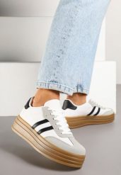 Biało-Czarne Sneakersy Tenisówki z Ozdobnymi Paskami Mirnelis. Białe trampki i tenisówki damskie Born2be, bez wzorów, z jeansu. Za 89.99 zł.