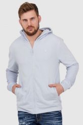 GUESS Błękitna bluza męska z kapturem z frotte. Niebieskie bluzy z kapturem męskie Guess, l. W wyprzedaży za 229.99 zł.