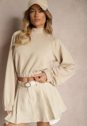 Beżowa Krótka Bluza ze Stójką Benola. Brązowe bluzy bez kaptura damskie Renee, l, z jeansu. Za 99.99 zł.