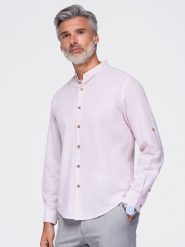 Męska koszula z lnem w paski ze stójką - biało-różowa V3 - Rozmiar: XXL. Czerwone koszule męskie Ombre Clothing, na lato, m, bez wzorów, z bawełny, bez kołnierzyka, bez ramiączek. Za 169.99 zł.