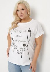 Biały Bawełniany T-shirt z Nadrukiem i Cyrkoniami Ertebis. Białe t-shirty damskie Born2be, xl, bez wzorów, z bawełny, bez kołnierzyka. Za 39.99 zł.