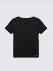 Koszulka damska w prążek z ozdobnymi guzikami czarna Werta 906. Czarne t-shirty damskie Big Star, l, bez wzorów, z dzianiny, bez kołnierzyka. W wyprzedaży za 79.99 zł.