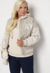 Beżowa Kurtka Bomberka o Kroju Oversize z Paskami i Napisami Nevilora. Brązowe kurtki damskie Born2be, s, bez wzorów, z jeansu, bez kaptura. Za 149.99 zł.