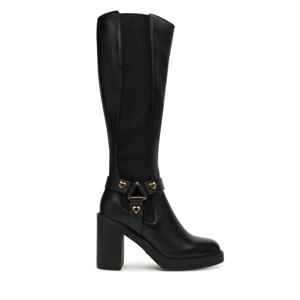 Kozaki LOVE MOSCHINO. Czarne kozaki damskie Love Moschino, bez obcasa, na słupku. Za 1,589.00 zł.