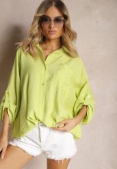 Jasnozielona Wiskozowa Koszula z Guzikami i Rękawem Długości 3/4 Herale. Zielone koszule damskie Renee, plus size, bez wzorów, z materiału, bez kołnierzyka, plus size, bez ramiączek. Za 89.99 zł.