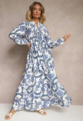 Niebieska Rozkloszowana Sukienka z Wiskozą Wiązana przy Dekolcie w Roślinny Print Koriselle. Niebieskie sukienki damskie Renee, na co dzień, l, bez wzorów, z wiskozy, eleganckie, bez kołnierzyka, bez ramiączek, maxi, rozkloszowane. W wyprzedaży za 111.99 zł.