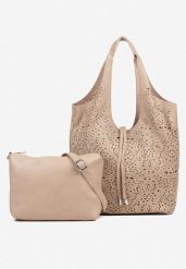 Ciemnobeżowa Torebka Shopper z Ażurowym Wzorem i Dodatkową Saszetką Merabella. Brązowe shopper bag damskie Renee, w ażurowe wzory, bez dodatków. Za 129.99 zł.