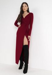Bordowa Sukienka Mellona. Czerwone sukienki damskie Born2be, m, bez wzorów, z dzianiny, eleganckie, bez kołnierzyka, bez ramiączek, maxi, kopertowe. W wyprzedaży za 103.99 zł.
