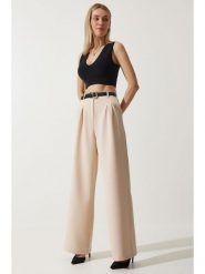 Happiness Istanbul Spodnie w kolorze kremowym rozmiar: 38. Brązowe spodnie materiałowe damskie Happiness Istanbul, bez wzorów, z materiału, z podwyższonym stanem. Za 78.99 zł.