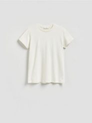T-shirt z włóknami bambusowymi - złamana biel. T-shirty damskie Reserved, l, bez wzorów, z dzianiny, bez kołnierzyka. Za 89.99 zł.
