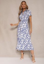 Niebieska Sukienka z Wiskozą o Koszulowym Kroju z Geometrycznym Wzorem Saravione. Niebieskie sukienki damskie Renee, na lato, l, bez wzorów, z wiskozy, eleganckie, bez kołnierzyka, bez ramiączek, koszulowe. W wyprzedaży za 159.99 zł.