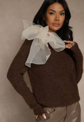 Brązowy Sweter z Dodatkiem Wełny Ozdobiony przy Szyi Wiązaniem Tusmele. Brązowe swetry klasyczne damskie Renee, m, z jeansu, bez kołnierzyka. Za 119.99 zł.