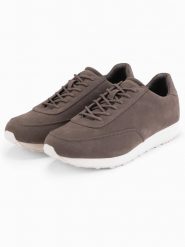 Męskie sportowe buty sneakersy z ekoskóry o zamszowym wykończeniu – ciemnobrązowe V2 OM-FOCS-0161 - 45. Brązowe buty sportowe na co dzień męskie Ombre Clothing, z gumy, bez zapięcia. W wyprzedaży za 109.99 zł.