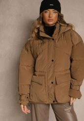 Brązowa Oversizowa Kurtka z Kapturem i Pikowanymi Przeszyciami Unavella. Brązowe kurtki damskie Renee, bez wzorów, z jeansu, z kapturem. Za 289.99 zł.