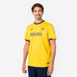 Koszulka piłkarska Rumunia dla kibiców. Brązowe t-shirty damskie KIPSTA, m, bez wzorów, z materiału, bez kołnierzyka. Za 44.99 zł.