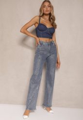 Niebieskie Jeansy Szerokie z Wiskozą i Bawełną High Waist Ozdobione Cyrkoniami Ellione. Niebieskie jeansy damskie Renee, z podwyższonym stanem. Za 199.99 zł.