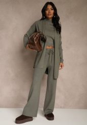 Ciemnozielony Komplet z Dzianiny z Wiskozą Spodnie Bluzka ze Stójką i Kardigan Vetisene. Zielone spodnie materiałowe damskie Renee, bez wzorów, z dzianiny. Za 249.99 zł.