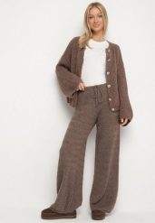 Brązowe Dzianinowe Spodnie o Szerokim Kroju z Domieszką Wełny i Wiskozy Tiemella. Brązowe spodnie sportowe damskie Born2be, z dzianiny, na golfa. Za 139.99 zł.