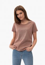 Koszulka z dżetami T-PRESTO. Brązowe t-shirty damskie Volcano, m, bez wzorów, z bawełny, bez ramiączek. Za 59.99 zł.