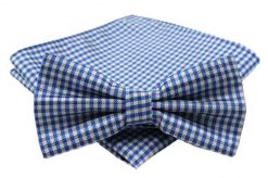 Niebieska Mucha w Drobną Kratę - ALTIES - z Taką Samą Poszetką, Męska. Niebieskie krawaty i muchy męskie Alties, bez wzorów, eleganckie. Za 40.00 zł.