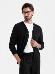 Monochromatyczny dzianinowy męski kardigan z wiskozą – czarny V2 OM-SWCD-0126 - XXL. Czarne kardigany męskie Ombre Clothing, l, z aplikacjami, z dzianiny, eleganckie, bez kołnierzyka. Za 101.99 zł.