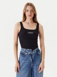 Guess Jeans Top W5YP35 KA0H1 Czarny Regular Fit. Czarne topy damskie Guess Jeans, l, z aplikacjami, z bawełny, bez kołnierzyka. Za 69.99 zł.