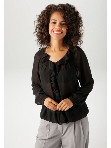 Aniston Bluzka w kolorze czarnym rozmiar: 48. Czarne bluzki damskie Aniston, bez wzorów, bez kołnierzyka, bez ramiączek. Za 69.58 zł.