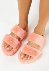 Pomarańczowe Futrzane Kapcie z Elastycznym Paskiem na Piętę Biella. Brązowe kapcie damskie Born2be, z futra. Za 29.99 zł.