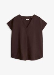Bluzka tunikowa z lejącego materiału z wiskozą. Brązowe bluzki damskie bonprix, bez wzorów, z wiskozy, bez kołnierzyka, bez ramiączek. Za 47.99 zł.
