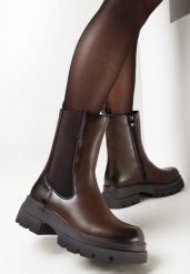 Brązowe Botki Na Platformie z Tłoczeniami i Elastyczną Wstawką Visima. Brązowe botki damskie Born2be, eleganckie, bez obcasa, na platformie, bez zapięcia. Za 119.99 zł.