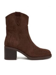 JENNY Botki CEO-HYF2T651S-1 Brązowy. Brązowe botki damskie Jenny, z materiału, bez obcasa, na słupku, bez zapięcia. Za 169.99 zł.