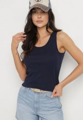 Granatowy Bawełniany Top w Klasycznym Stylu Fevoirae. Niebieskie topy damskie Born2be, l, bez wzorów, z bawełny, bez kołnierzyka. Za 34.99 zł.