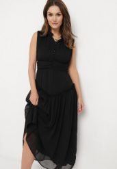 Czarna Sukienka Długa Rozkloszowana z Powlekanymi Guzikami Ingridesa. Czarne sukienki damskie Born2be, m, bez wzorów, bez kołnierzyka, bez ramiączek, maxi, rozkloszowane. W wyprzedaży za 151.99 zł.