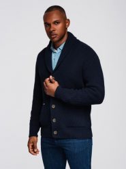 Sweter bawełniany męski kardigan z szalowym kołnierzem - granatowy V1 - Rozmiar: L. Niebieskie kardigany męskie Ombre Clothing, l, bez wzorów, z bawełny, eleganckie, bez kołnierzyka. W wyprzedaży za 143.99 zł.