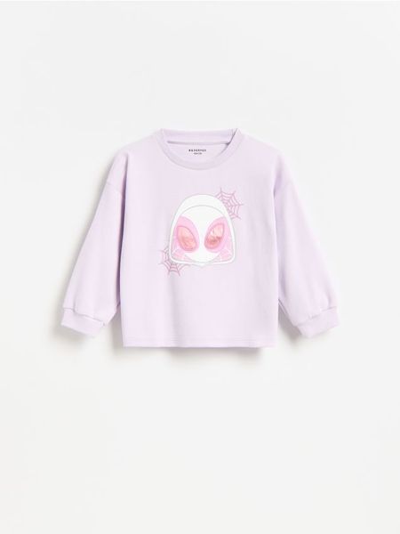 Bluza z haftem Marvel - lawendowy. Fioletowe bluzy i bluzki niemowlęce Reserved, bez wzorów, z bawełny, bez ramiączek, bez kaptura. Za 39.99 zł.