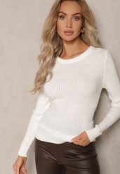 Biała Casualowy Sweter z Prążkowanego Materiału Zintra. Białe swetry klasyczne damskie Renee, m, z jeansu, bez kołnierzyka. Za 69.99 zł.