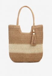 Ciemnobeżowa Pleciona Torebka z Frędzlem w Stylu Boho Rineriela. Brązowe torebki klasyczne damskie Renee, bez wzorów, bez dodatków. Za 59.99 zł.