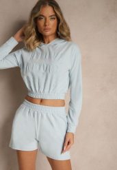 Jasnoniebieski Komplet z Bawełny w Sportowym Stylu Bluza z Kapturem i Szorty Izurea. Niebieskie bluzy z kapturem damskie Renee, z bawełny. Za 89.99 zł.