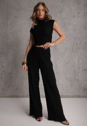 Czarny Komplet Spodnie Wide Leg i Top ze Stójką i Drapowaniem w Talii Meridone. Czarne spodnie materiałowe damskie Renee, bez wzorów, eleganckie. Za 119.99 zł.