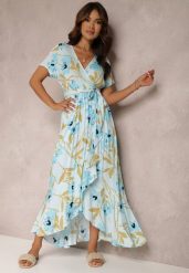 Jasnoniebieska Sukienka Farida. Niebieskie sukienki damskie Renee, na co dzień, m, z aplikacjami, z materiału, boho, z asymetrycznym kołnierzem, bez ramiączek, maxi, asymetryczne. W wyprzedaży za 76.99 zł.