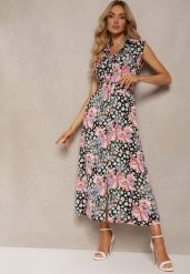 Czarno-Różowa Koszulowa Sukienka Zapinana na Guziki z Materiałowym Paskiem w Kwiaty Leapia. Czarne sukienki damskie Renee, l, bez wzorów, z materiału, klasyczne, bez kołnierzyka, bez ramiączek, maxi, koszulowe. Za 149.99 zł.