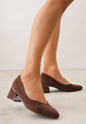 Brązowe Czółenka Vices na Słupku z Imitacji Zamszu z Wkładką ze Skóry Naturalnej z Metaliczną Ozdobą Mixin. Brązowe czółenka damskie Renee, z aplikacjami, ze skóry, bez obcasa, na słupku. Za 89.99 zł.
